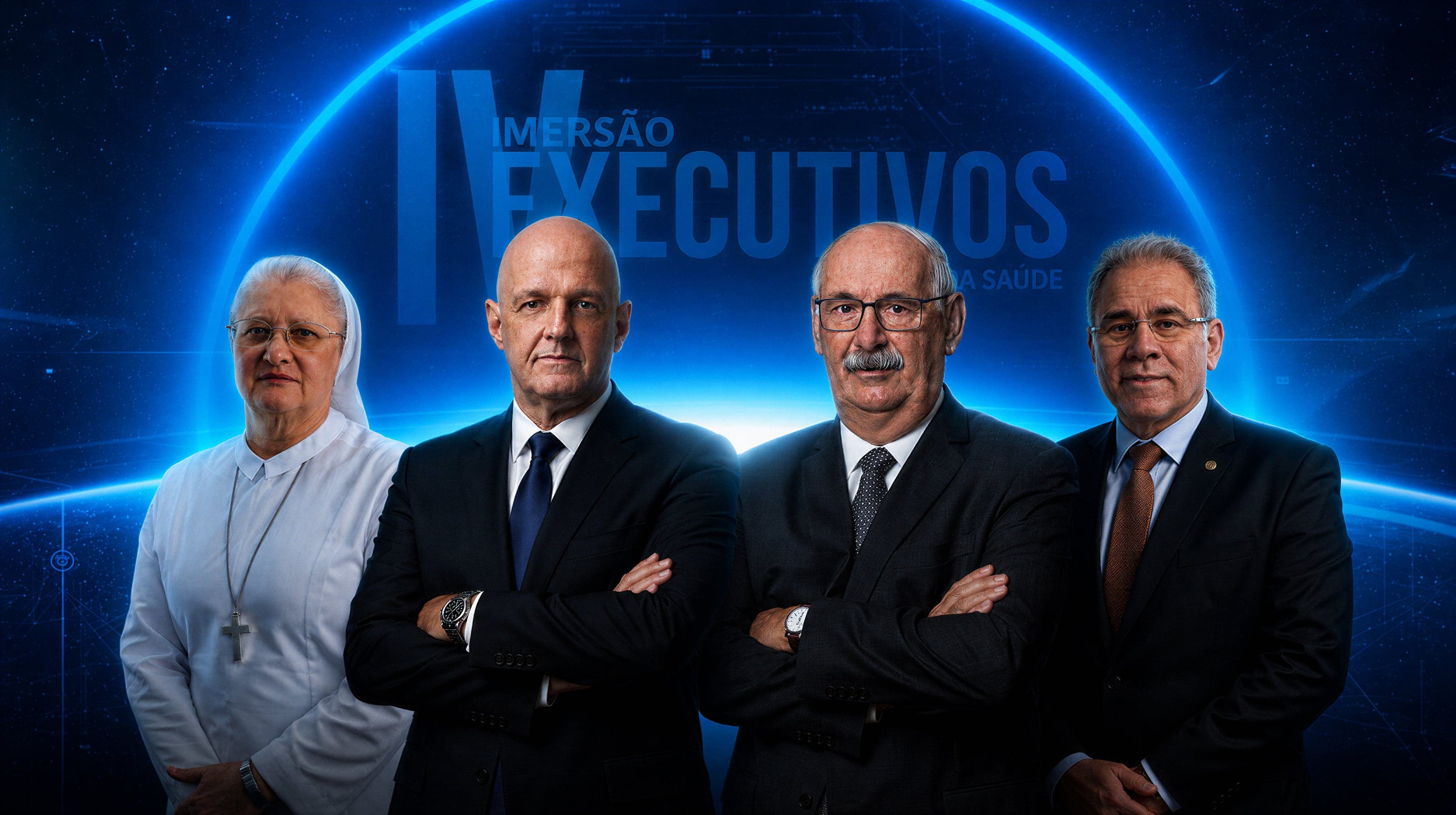 Quatro mentores da Imersão Executivos da Saúde, lado a lado, sobre fundo azul-noite com o logotipo 'Imersão Executivos da Saúde' e glow