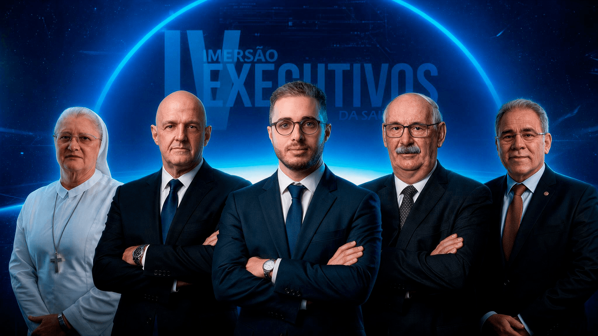 Cinco mentores da IV Imersão Executivos da Saúde, lado a lado, sobre fundo azul-noite com o logotipo 'IV Imersão Executivos da Saúde' e glow