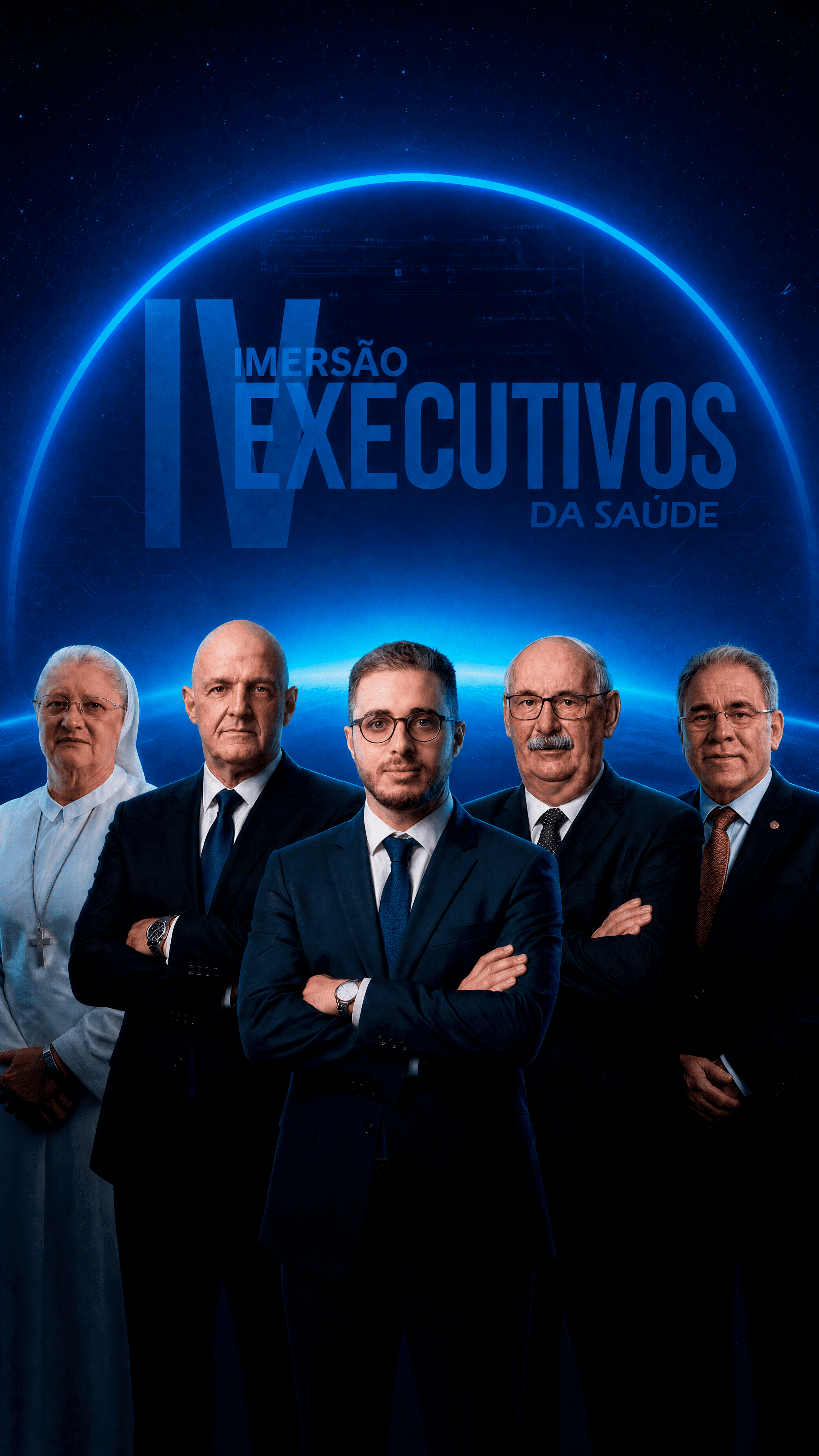 Cinco mentores da IV Imersão Executivos da Saúde, lado a lado, sobre fundo azul-noite com o logotipo 'IV Imersão Executivos da Saúde' e glow — recorte vertical